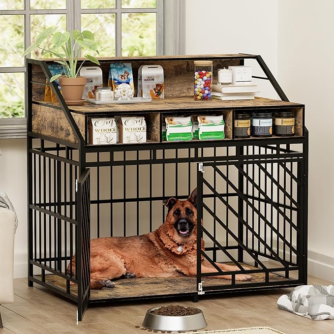 KEIKI 43" Large Dog Crate End Table, Wooden Heavy Duty Crate with Divider, Rustic Brown Indoor Furniture for Large Dogs (43.3" L x 27.6" W x 42.5" H)