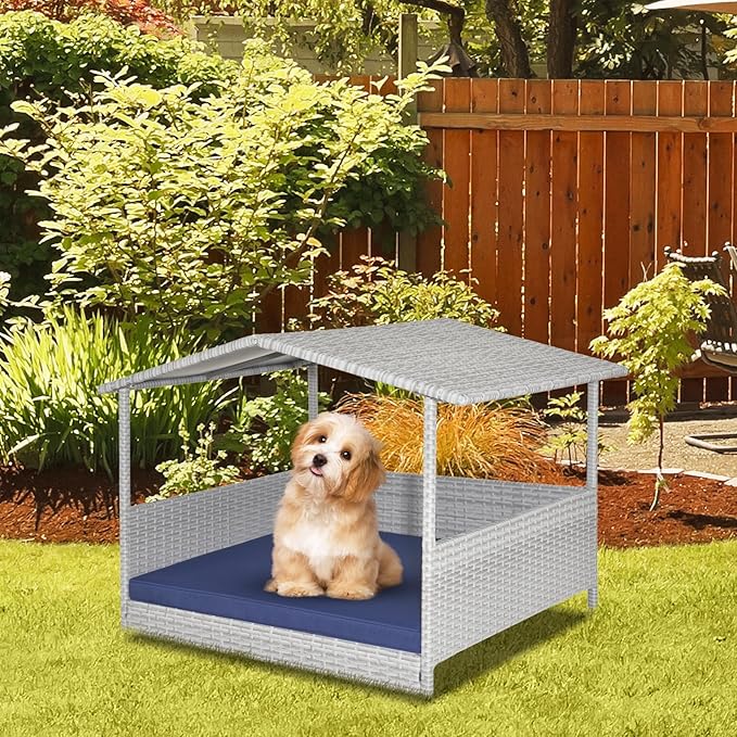 Giantex Wicker Dog House, Raised Rattan Dog Bed with Waterproof Roof, Washable Cushion Cover, Steel Frame, Indoor Outdoor Elevated Dog Bed Pet House for Small Medium Dogs Cats, Easy Assembly