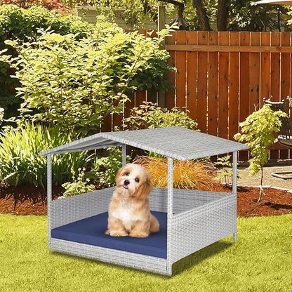 Giantex Wicker Dog House, Raised Rattan Dog Bed with Waterproof Roof, Washable Cushion Cover, Steel Frame, Indoor Outdoor Elevated Dog Bed Pet House for Small Medium Dogs Cats, Easy Assembly