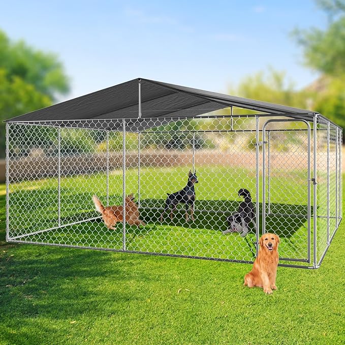 Rovibek 15'×15' Extra Large Outdoor Dog Kennel Dog Run Fence, Outside Dog Kennel with Roof, Heavy Duty Dog Playpen with Waterproof Sun-Proof Cover for Large Dogs