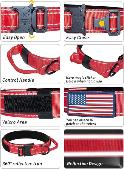 AUBELL Reflective Dog Collar, Tactical Dog Collar Military Dog Collar Adjustable Nylon Dog Collar with Handle and Heavy Metal Buckle Great for German Shepherd, with Airtag Case and Patches(Red, L)