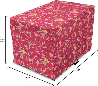 Lunarable Drinks Dog Crate Cover, Exotic Pattern of Tropical Cocktail Party Glasses with Lemons Slice, Easy to Use Pet Kennel Cover for Cats & Medium Dogs, 24 Inch, Dark Coral Multicolor