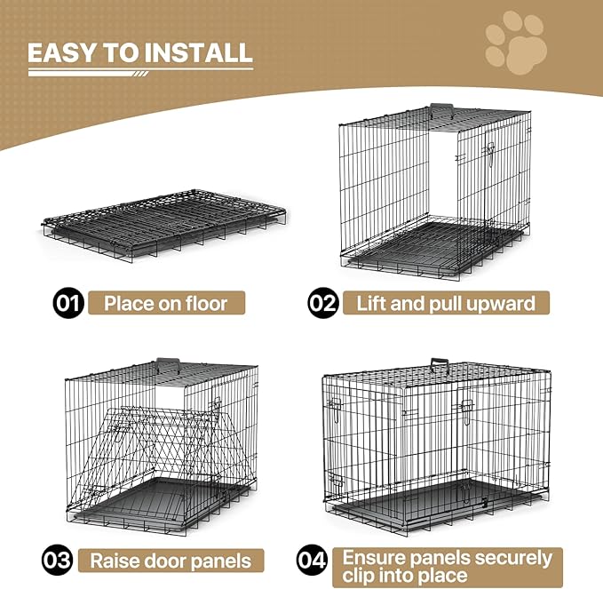 MoNiBloom 24/30/36/42/48 Dog Crates, Foldable Metal Wire Dog Cage with Double-Door, Outdoor Indoor Pet Kennels, Includes Leak-Proof Pan, Divider Panel, Black, 36"