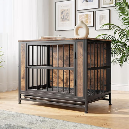 32.8 Inch Wooden Dog Crate Furniture,Indoor Pet Kennel with 2 Sliding Doors,Pull-Out Tray,Stylish Design for Home Decor,Rustic Brown