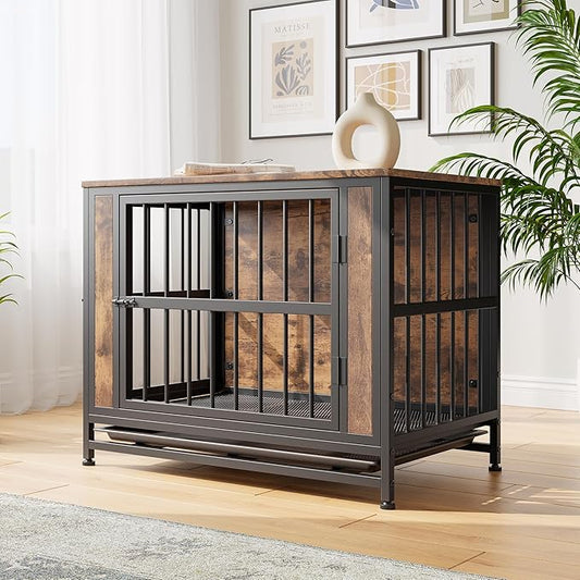 32.8 Inch Wooden Dog Crate Furniture,Indoor Pet Kennel with 2 Sliding Doors,Pull-Out Tray,Stylish Design for Home Decor,Rustic Brown