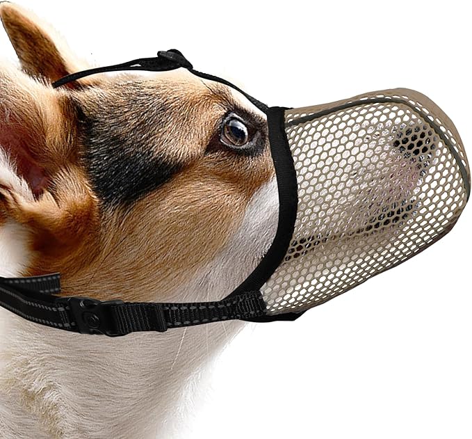 Dog Muzzle, Breathable Soft Muzzle for Small Dogs to Anti & Prevent Barking Biting Chewing, Reflective & Adjustable Basket Muzzle with Air Mesh for Toy Poodles Brown S