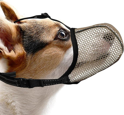 Dog Muzzle, Breathable Soft Muzzle for Small Dogs to Anti & Prevent Barking Biting Chewing, Reflective & Adjustable Basket Muzzle with Air Mesh for Toy Poodles Brown S