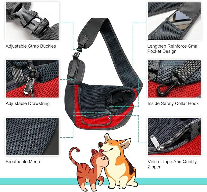 Pet Dog Sling Carrier, Breathable Mesh Adjustable Puppy Sling Carrier Hand Free for Medium Dog Cat Rabbit, L, Red