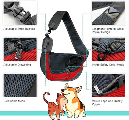 Pet Dog Sling Carrier, Breathable Mesh Adjustable Puppy Sling Carrier Hand Free for Medium Dog Cat Rabbit, L, Red