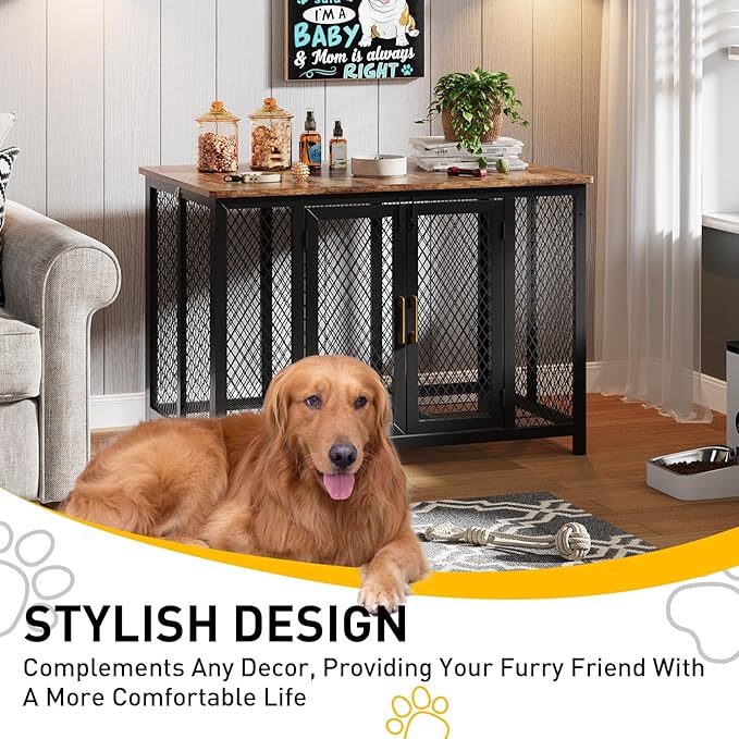 48 Inch Large Dog Crate Furniture with Top Access Door, Heavy Duty Dog Crate Wooden Indoor Decorate Pet Cage, Indestructible Pet Dog Cage for Medium to Large Dogs
