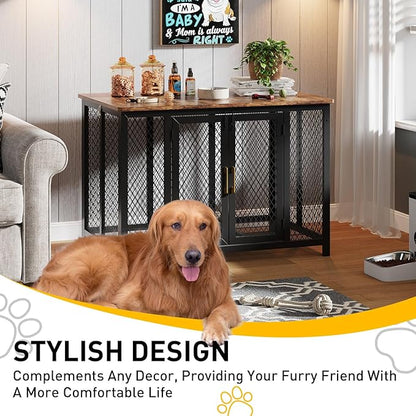 48 Inch Large Dog Crate Furniture with Top Access Door, Heavy Duty Dog Crate Wooden Indoor Decorate Pet Cage, Indestructible Pet Dog Cage for Medium to Large Dogs