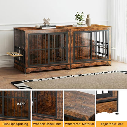 78'' Dog Crate Furniture with 4 Dog Bowls, Extra Large Double Dog Kennel with 360° Rotating and Adjustable Height Bowl Holder, Wooden Dog Crate Kennel with Divider for Dogs (Brown)