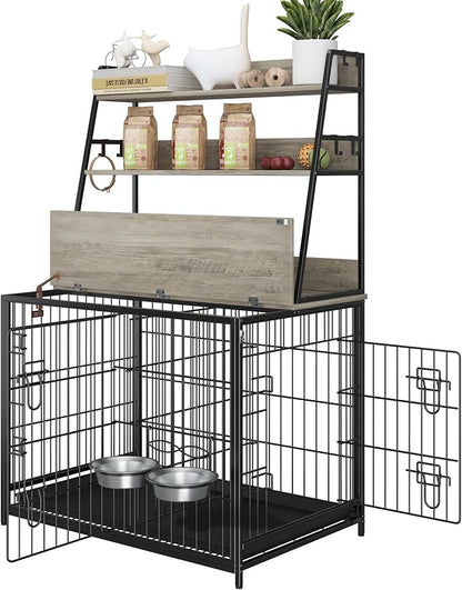 Furniture Style Dog Crate, Indoor Basic Dog Cage with 3-Layer Storage Shelves, Flip-up Top End Table Dog Cage, Dog Kennel Furniture with Adjustable Bowls, 37.4" L x 24.4" W x 57.1" H,Grey