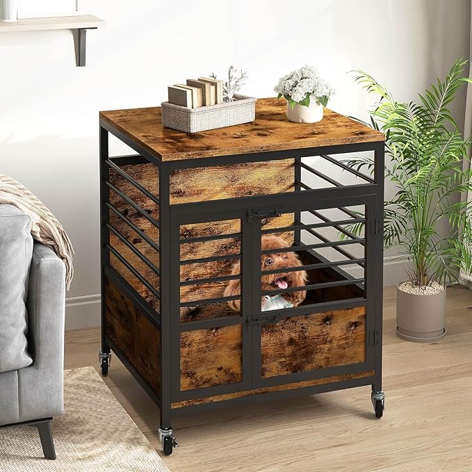 DWVO Dog Crate Furniture, 24 Inch Dog Kennel Indoor Furniture End Table Cage for Dogs, Modern Decorative Crate Wooden Dogs Cage Furniture with Wheels, Chew-Resistant, Rustic Brown
