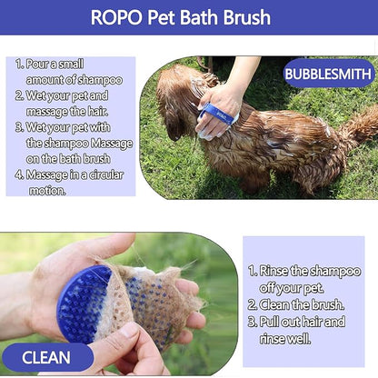 Dog bath brush, ROPO rubber massage dog shampoo brush, used for pet grooming, removing shedding fur, combing tangles and dead fur, suitable for pet dogs and cats (blue)