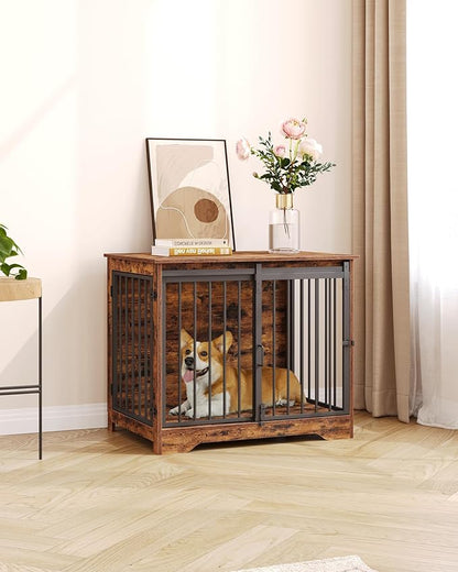 Dog Crate Furniture, 32" Double Door Dog Crate with Barn Door, Dog Kennel Indoor, End Side Table Wooden Dog Crates for Small Medium Large Dogs, Anti-Chew Anti-Escape, Rustic Brown DFC83601B