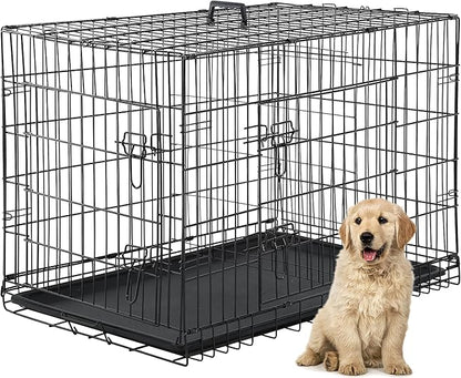 Furniture of America Yucca Metal Double Door Folding Wire Pet Crate with Divider, Removable Tray, and Handle for Outdoor and Indoor Medium Dog, 48-inch, Black