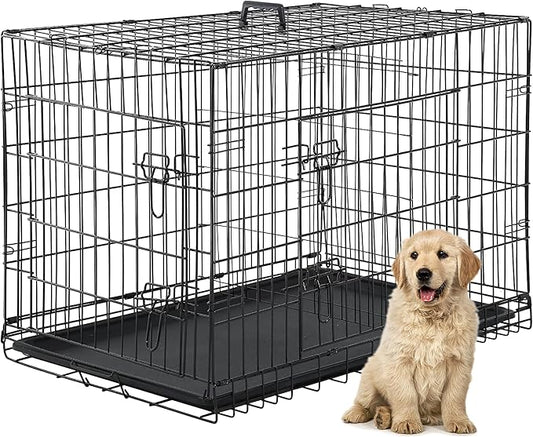 Furniture of America Yucca Metal Double Door Folding Wire Pet Crate with Divider, Removable Tray, and Handle for Outdoor and Indoor Medium Dog, 48-inch, Black