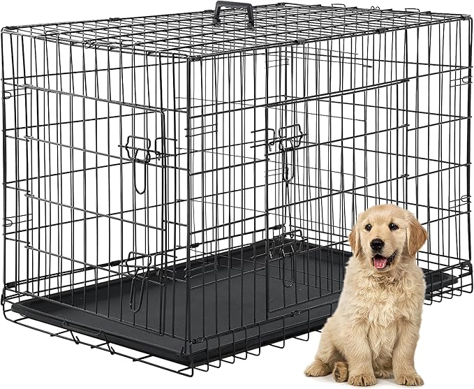 24/7 Shop at Home Gossamer Metal Double Door Folding Wire Pet Crate with Divider, Removable Tray, and Handle for Outdoor and Indoor Medium Dog, 48-inch, Black
