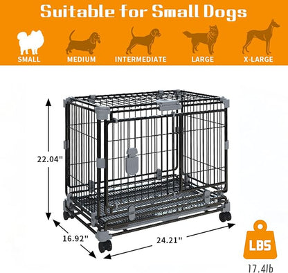 24" Dog Crate for Small Dogs, Double Door Dog Kennel with Removable Trays & Lockable Wheels, Escape Proof Metal Pet Cage, Stackable Indestructible Puppy Crate Indoor