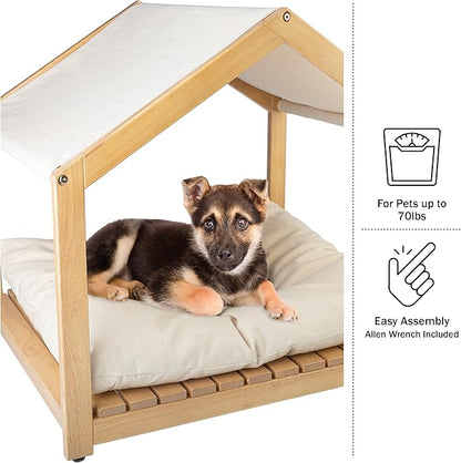 Dog House - 30x24-Inch Indoor Dog House with Soft Cushion and Adjustable Canopy - Wood Dog Furniture for Small to Medium Pets up to 70lbs by PETMAKER