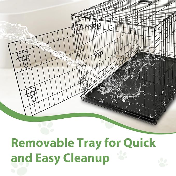 Wire Dog Crate Large 42 inches w/Divider Double Door,Heavy Duty, Collapsible and Portable Folding Metal Kennel, Removable Tray, Indoor/Outdoor,Black