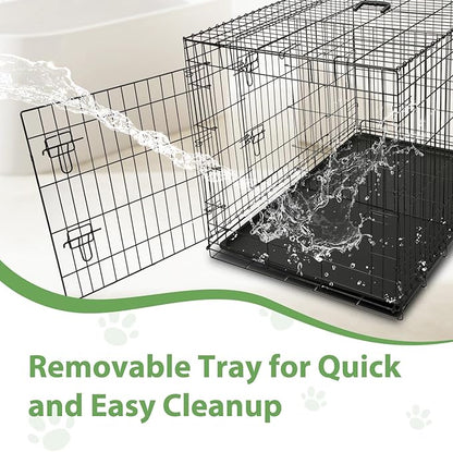 Wire Dog Crate Large 42 inches w/Divider Double Door,Heavy Duty, Collapsible and Portable Folding Metal Kennel, Removable Tray, Indoor/Outdoor,Black