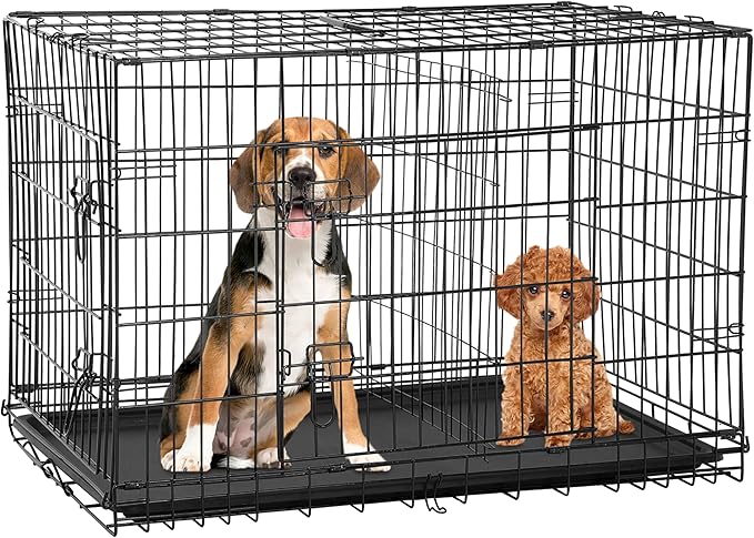 Furniture of America Yucca Metal Double Door Folding Wire Pet Crate with Divider, Removable Tray, and Handle for Outdoor and Indoor Medium Dog, 48-inch, Black