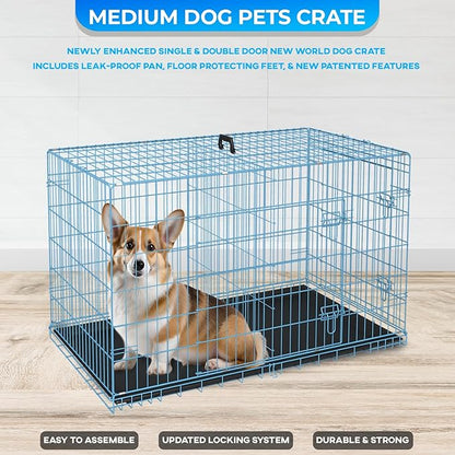 FDW Dog Crate for Medium Dogs 36 Inch Folding Metal WirePet Cage Double Door W/Divider Panel Indoor Outdoor Kennel Leak-Proof Plastic Tray,Blue