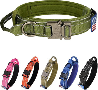 KCUCOP Tactical Dog Collar, Heavy Duty Dog Collar with Handle and Metal Buckle, Military Thick Dog Collars for Medium and Large Dogs(Green-L-Reflective, 1 Patch)