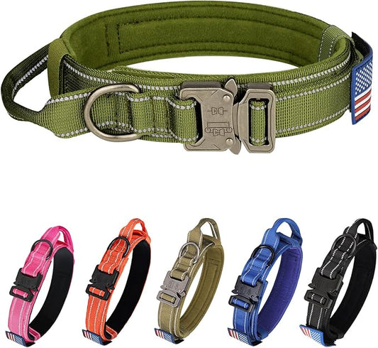 KCUCOP Tactical Dog Collar, Heavy Duty Dog Collar with Handle and Metal Buckle, Military Thick Dog Collars for Medium and Large Dogs(Green-L-Reflective, 1 Patch)