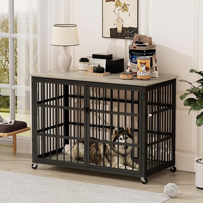 Furniture Style Dog Crate,Wrought Iron Frame with Side Openings,Wheels,Flip-Up Top,Durable and Stylish Pet Kennel for Home Use,Grey