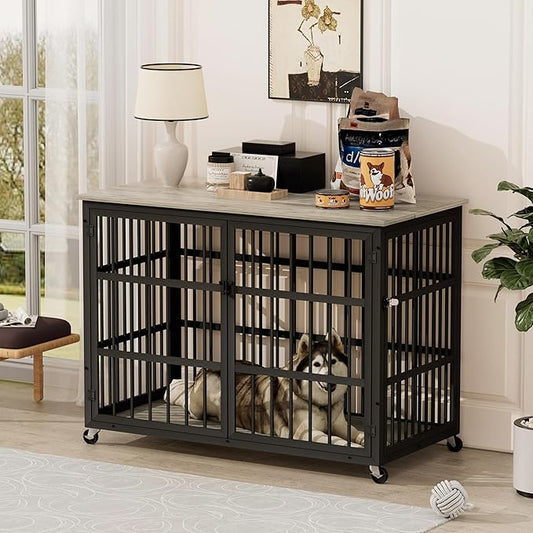 Furniture Style Dog Crate,Wrought Iron Frame with Side Openings,Wheels,Flip-Up Top,Durable and Stylish Pet Kennel for Home Use,Grey