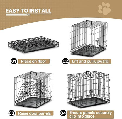 MoNiBloom 24/30/36/42/48 Dog Crates, Foldable Metal Wire Dog Cage with Double-Door, Outdoor Indoor Pet Kennels, Includes Leak-Proof Pan, Divider Panel, Black, 24"