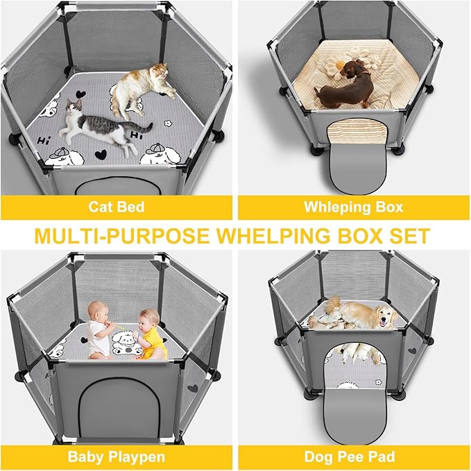 Whelping Box for Dogs,25.5’’Extra Tall Dog Puppies Whelping Playpen with Whelping Pad,Dog Whelping Supplies Essential for Dogs Puppies,Whelping Box for Large Small Breed Dogs(48" Dia.x25.5 H)
