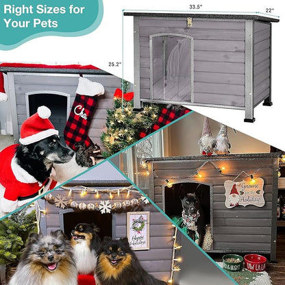 Indoor Outdoor Dog House,Anti-Chewing Iron Frame Dog Kennel,Wood Warm Pets Home,Weatherproof Outside Shelter for Feral Animal 33.5" (L) X 22" (W) X 25.2" (H) Grey