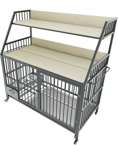 KEIKI 47 Inch Dog Crate Furniture for Large Medium Dogs, with Storage Shelves and Bowls, Indoor Dog Cage with 360° Caster Wheels & Flip-top Plate, Beige