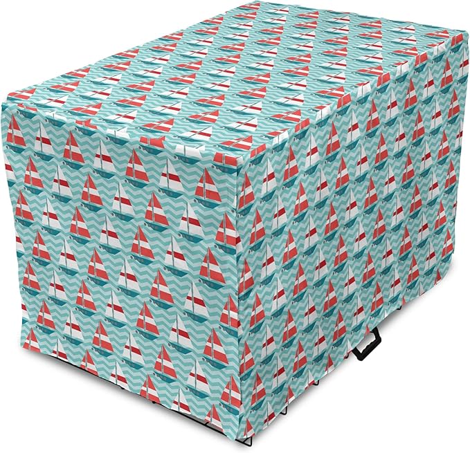 Lunarable Sail Boat Dog Crate Cover, Chevron Zigzag Lines Wavy Ocean Ships Abstract Geometric Summer Season, Easy to Use Pet Kennel Cover for Medium Large Dogs, 42 Inch, Teal Dark Coral White