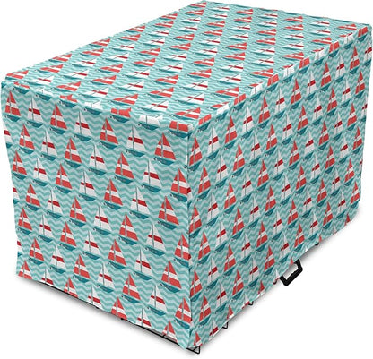 Lunarable Sail Boat Dog Crate Cover, Chevron Zigzag Lines Wavy Ocean Ships Abstract Geometric Summer Season, Easy to Use Pet Kennel Cover for Small Dogs Puppies Kittens, 22 Inch, Teal Dark Coral White