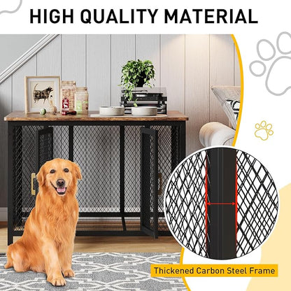 48 Inch Flip Top Dog Crate Furniture, Large Dog Kennel with 2 Doors, Latches, Heavy Duty Metal Dog Cage End Table, Farmhouse Dog Furniture for Large Medium Small Dogs, Brown