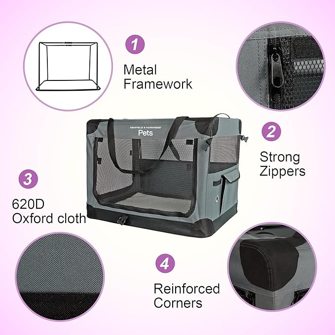 Ashfield & Harkness: Collapsible Soft Dog Crate - 36" - Gray, Sherpa Lined Mat, Durable Mesh Windows, Portable Foldable Pet Kennel, Indoor & Outdoor