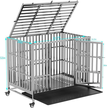 Collapsible Stainless Steel Dog Crate, 30" 37" 42" 48" Sizes, Lockable Wheel, with Tray, Stackable, Heavy Duty, Divider, Indoor and Outdoor (42in)
