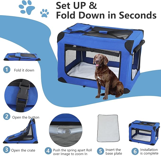 FDW 42 Inch Soft Collapsible Dog Crate 3-Door Open Dog Kennel with Mesh Window Portable Travel Pet Crate Indoor & Outdoor Pet Home, Blue