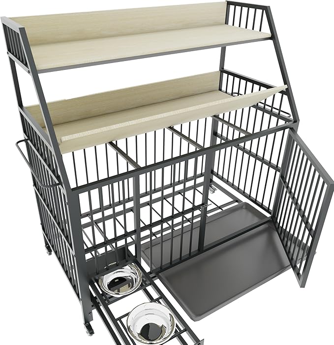 KEIKI 47 Inch Dog Crate Furniture for Large Medium Dogs, with Storage Shelves and Bowls, Indoor Dog Cage with 360° Caster Wheels & Flip-top Plate, Beige