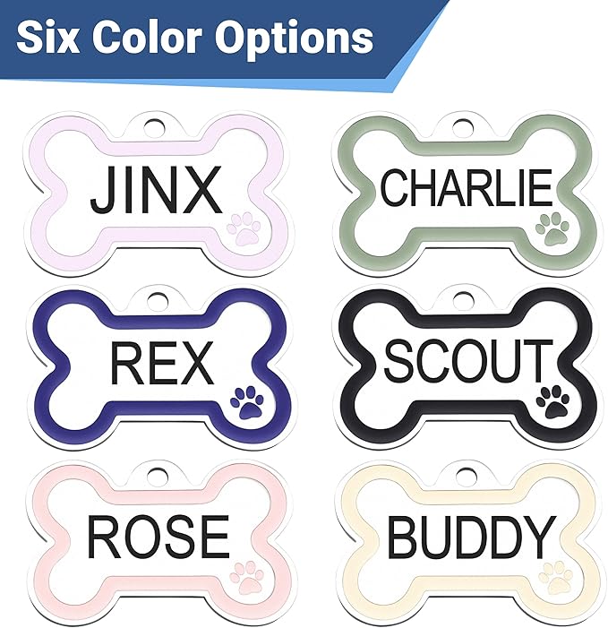 GoTags Stainless Steel Bone Dog Tag with Color Outline and Paw Print, Personalized Pet ID Tag for Dogs and Cats, Custom Engraving with up to 5 Lines of Text on Both Sides (Blue, Regular)