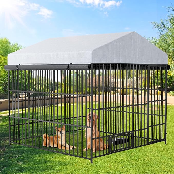 Rovibek Outdoor Dog Kennel with Roof, Dog Kennel Outside with 3 Sides Sun-Proof Cover, Large Outdoor Dog Playpen, Dog Run Enclosure with 2 Rotating Bowl for Small Medium Large Dogs