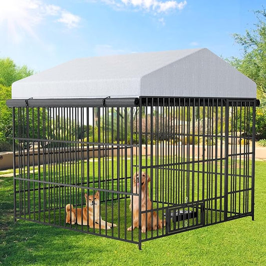 Rovibek Outdoor Dog Kennel with Roof, Dog Kennel Outside with 3 Sides Sun-Proof Cover, Large Outdoor Dog Playpen, Dog Run Enclosure with 2 Rotating Bowl for Small Medium Large Dogs
