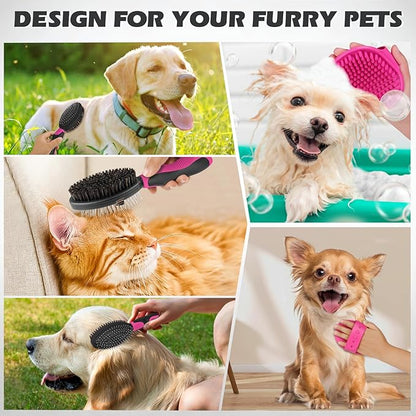 2PCS Dog Grooming Tools - Double-Sided Bath Brush for Shedding and Bathing, Suitable for Short/Long Haired Dogs, Premium Pet Supplies (Black Pink)