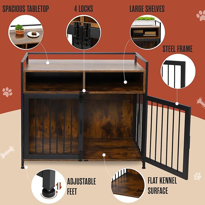 Houseables Dog Crate Furniture, Dog Crate That Looks Like Furniture, Kennel Table, Pet Kennel, Cages for Dogs Indoor, Pet Cage, Modern, Hidden, Decorative, Living Room, Aesthetic, S-M, 41 Inch, Brown