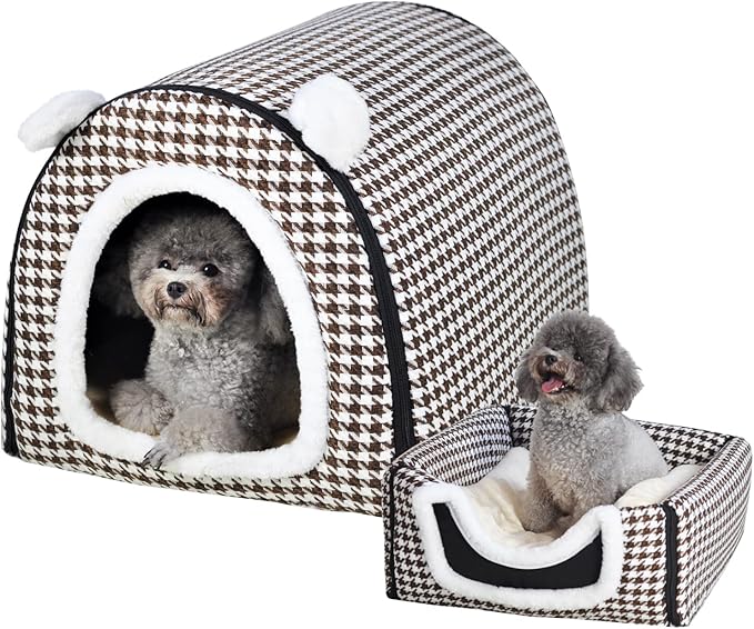 Dog Bed or Cat Bed,2 Ways to Use,Indoor Pet House with Fluffy Mat,Removable and Washable Cover,Non-Slip Bottom,for Cats and Small Dogs(M Brown Cranes)